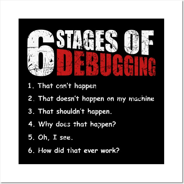 6 Stages of Debugging Bug Coding Computer Programmer T-Shirt Wall Art by blimbercornbread